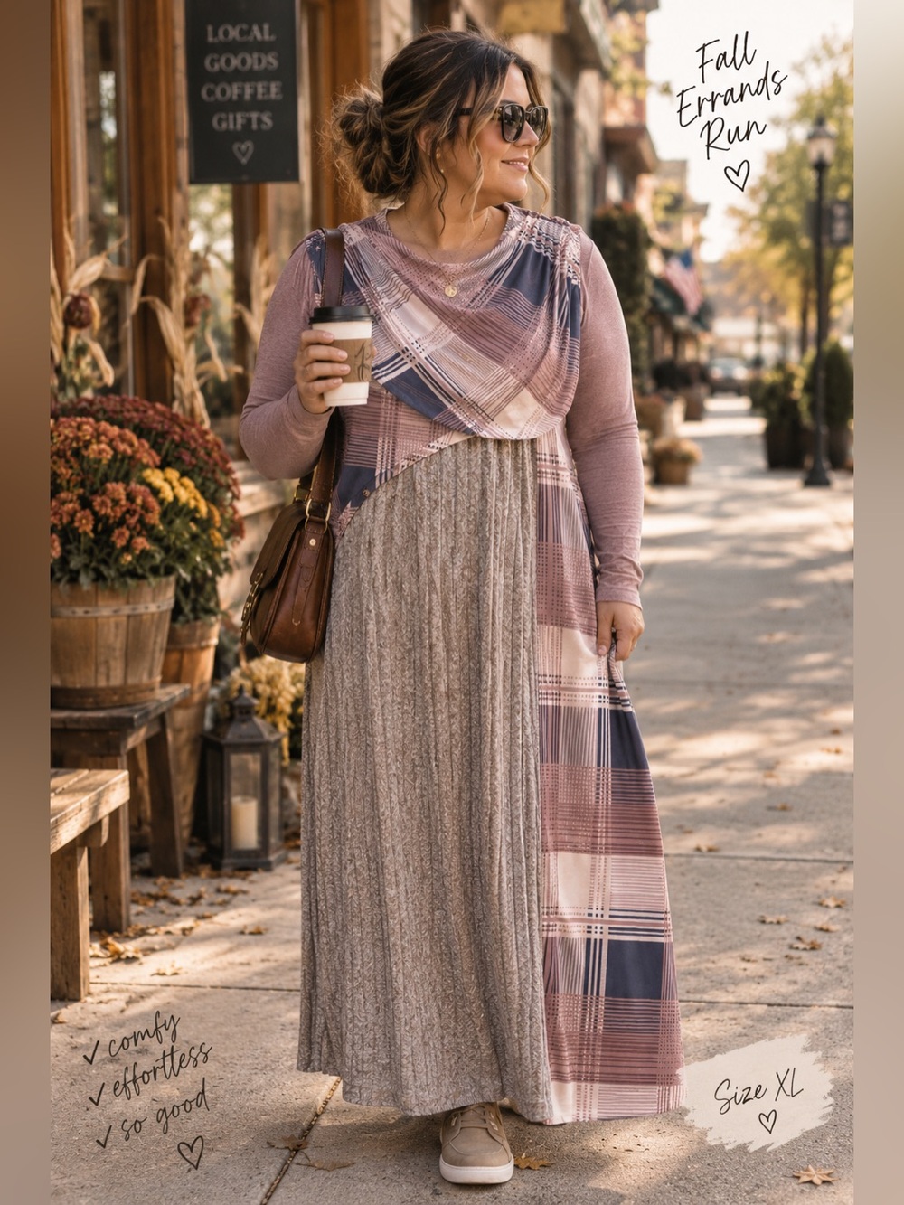 119.) Long Plaid and Knit Layered Dress